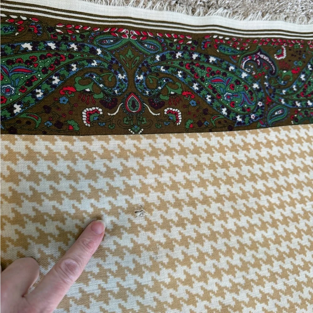YSL Vintage Houndstooth Paisley Square Scarf Tan Cream Brown Green Red FLAWS